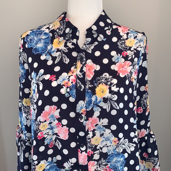 Cato Navy Blue Polka Dot Floral Blouse Top M L - Picture 2 of 6
